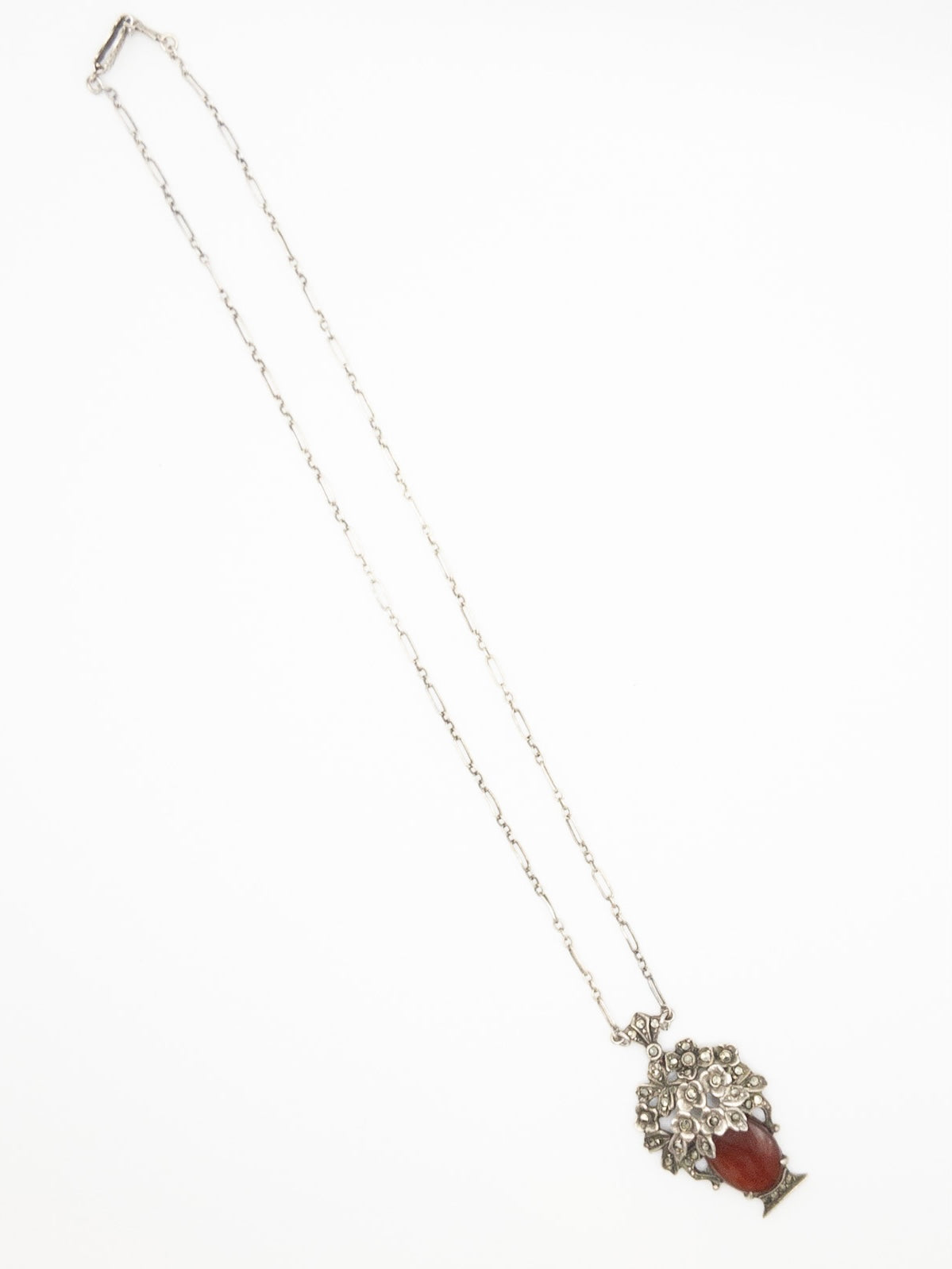 Marcasite Bouquet of Flowers Carnelian Glass necklace