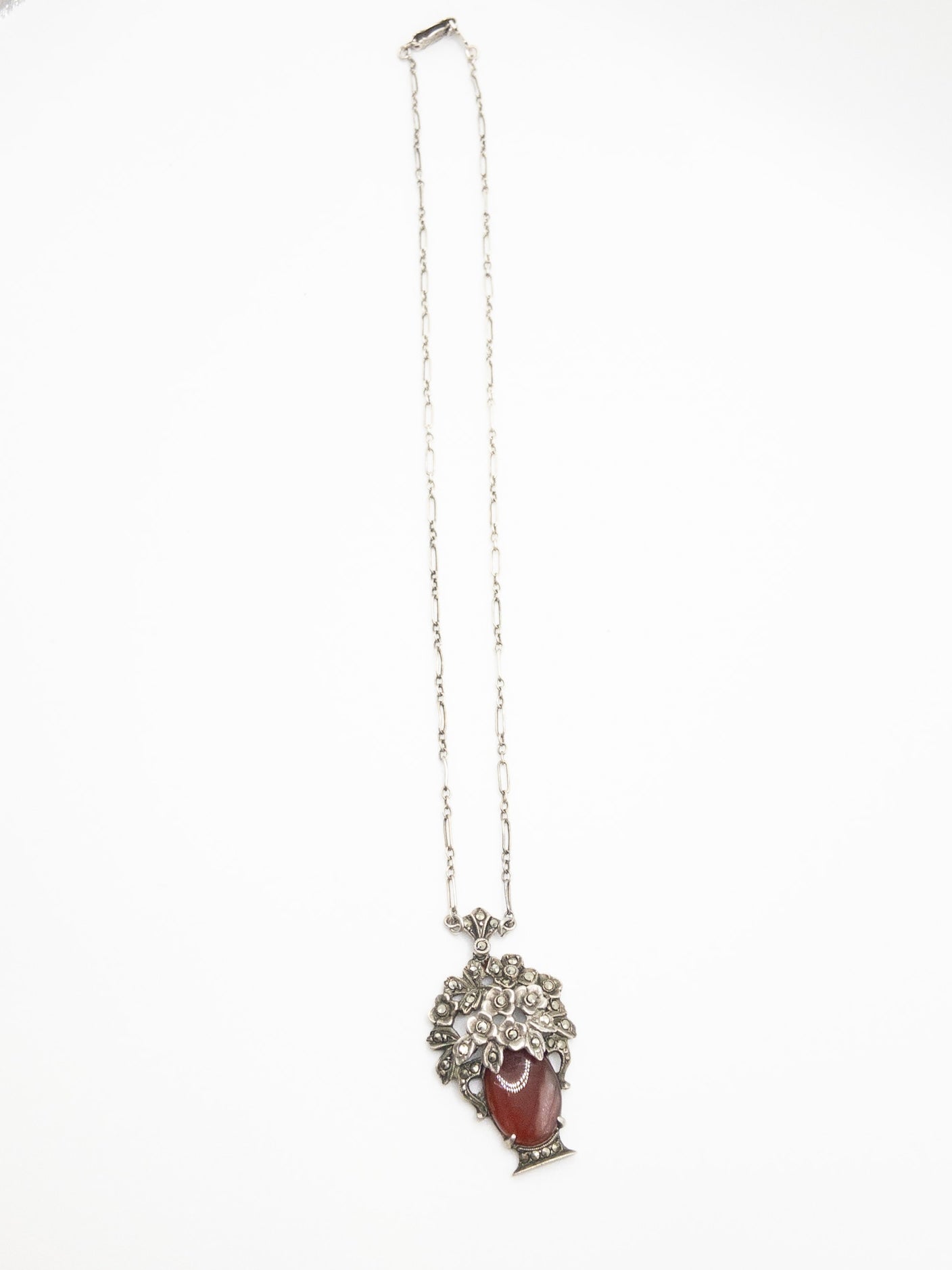 Marcasite Bouquet of Flowers Carnelian Glass necklace