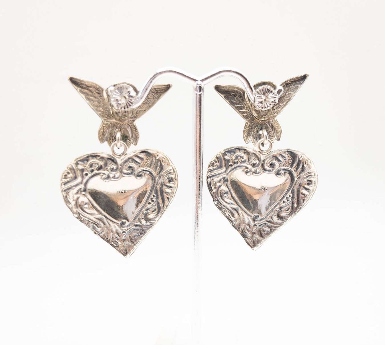 Sterling Silver stamped vintage cherub and ornate heart dangle earrings