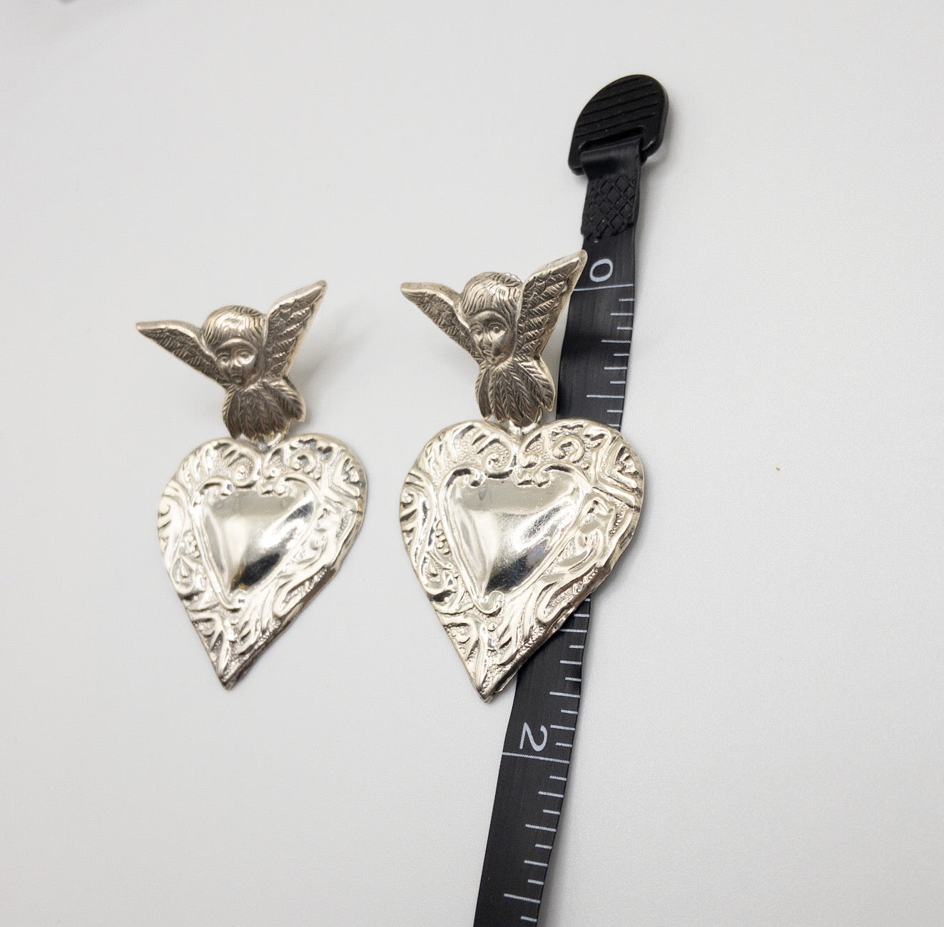 Sterling Silver stamped vintage cherub and ornate heart dangle earrings