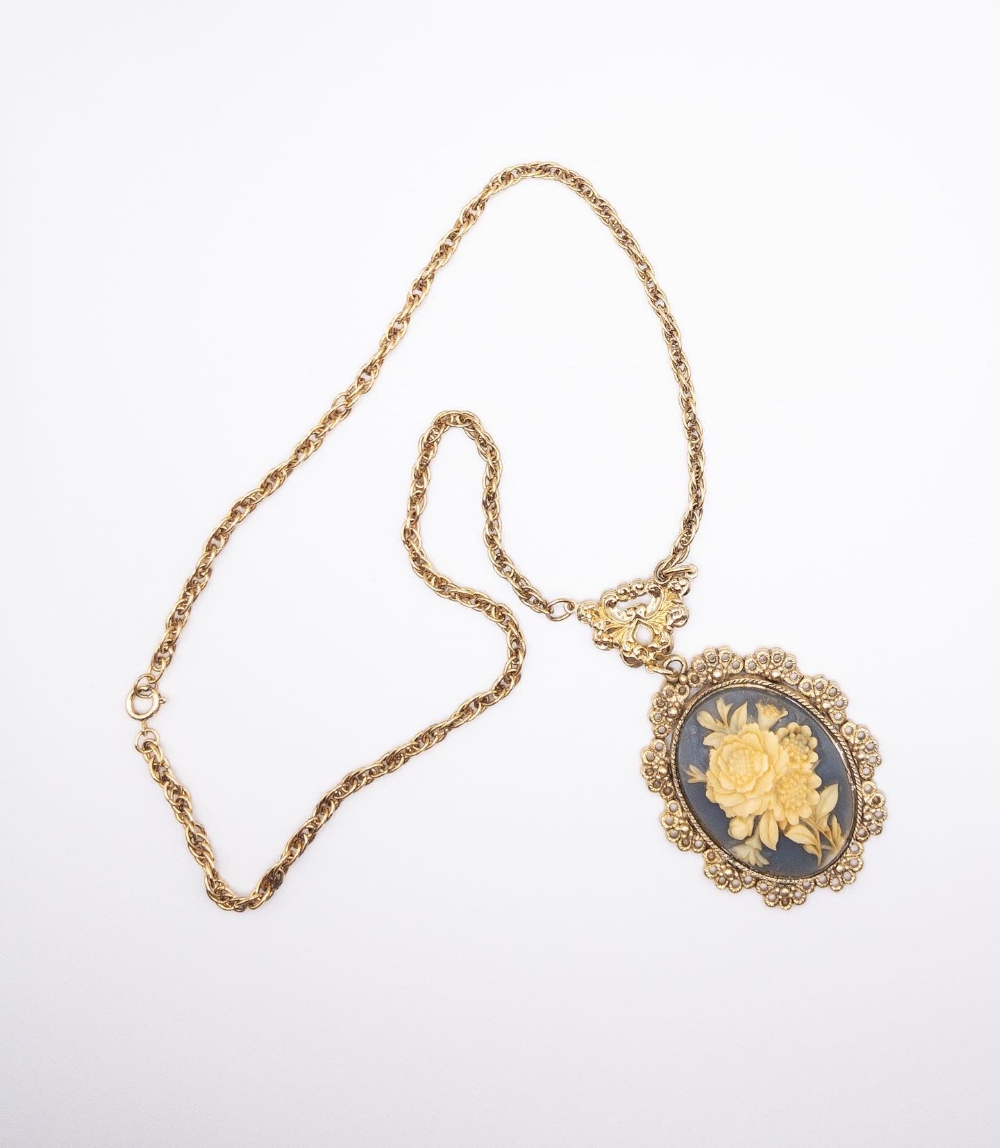 Romantic ornate gold and floral cameo pendant necklace