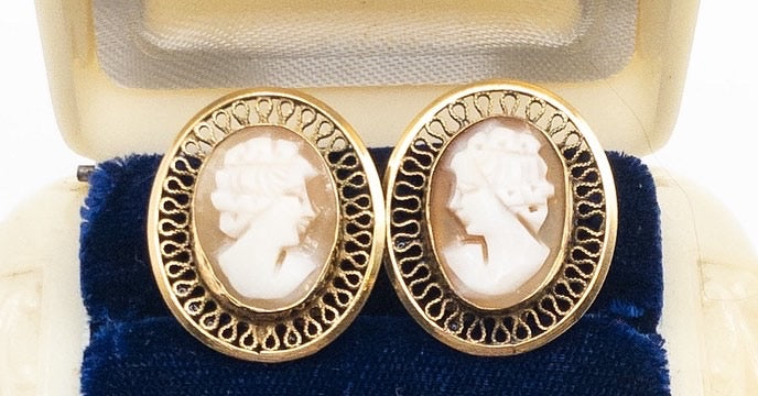 Vintage 1950s I-20 gold plated beautiful woven cameo earrings