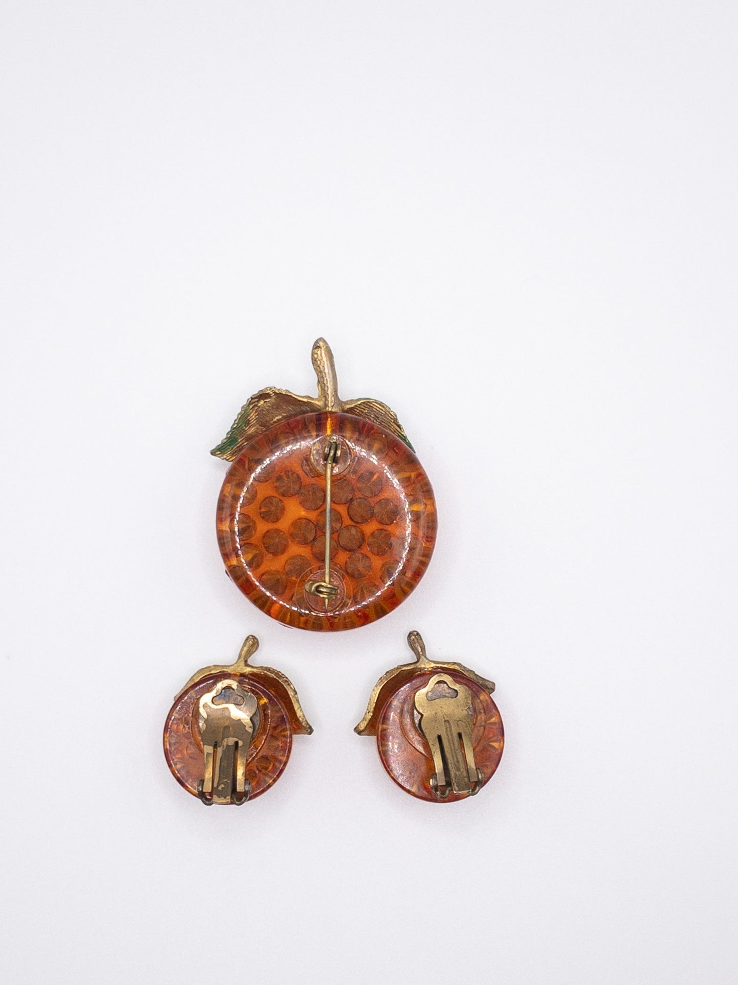Vintage Forbidden fruit Orange earring and pin lucite with Austrian crystal rhinestones set
