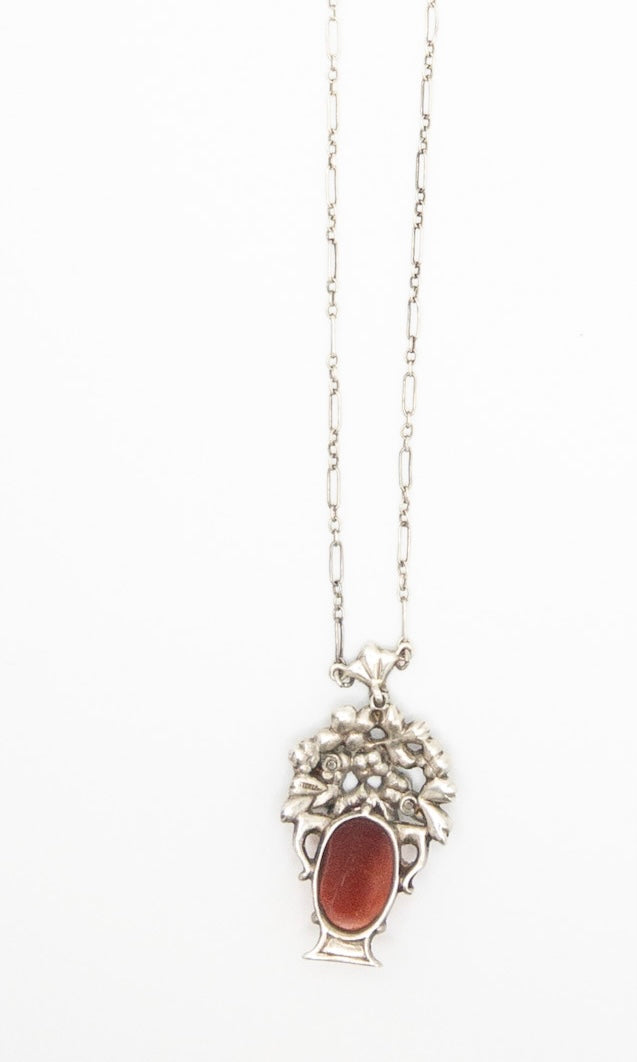 Marcasite Bouquet of Flowers Carnelian Glass necklace