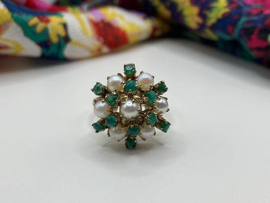 Gorgeous Vintage 10kt Emerald and Pearl Dome Cluster Ring
