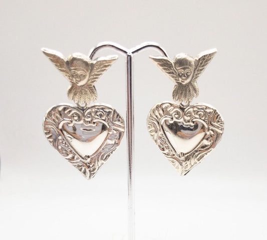 Sterling Silver stamped vintage cherub and ornate heart dangle earrings