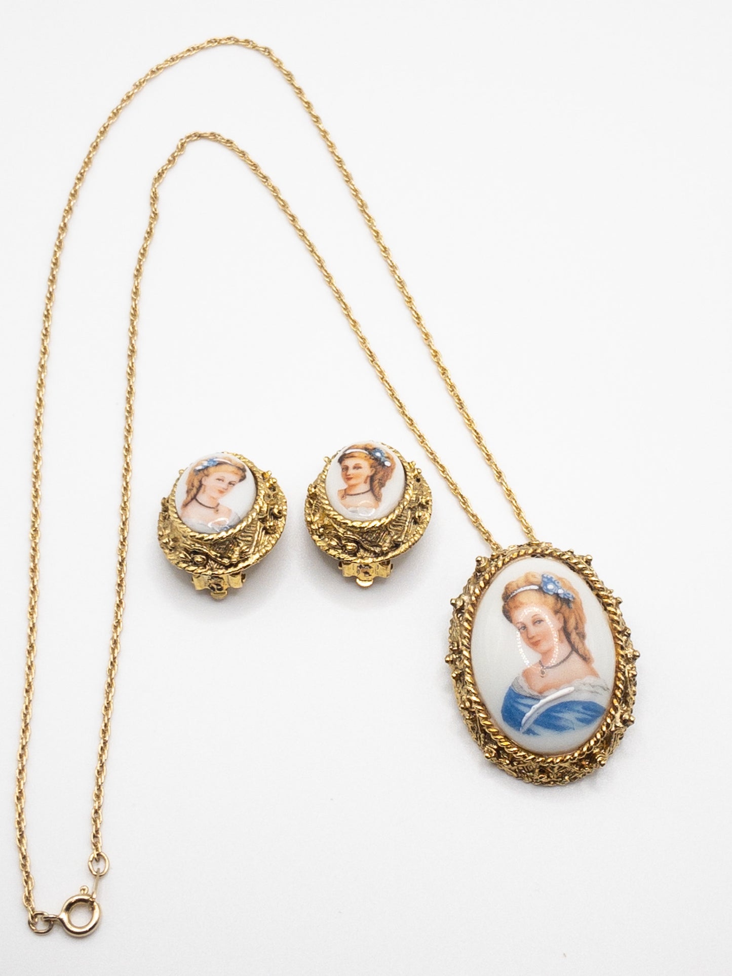 Vintage Limoges ladies portrait necklace and earring set