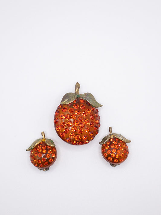 Vintage Forbidden fruit Orange earring and pin lucite with Austrian crystal rhinestones set