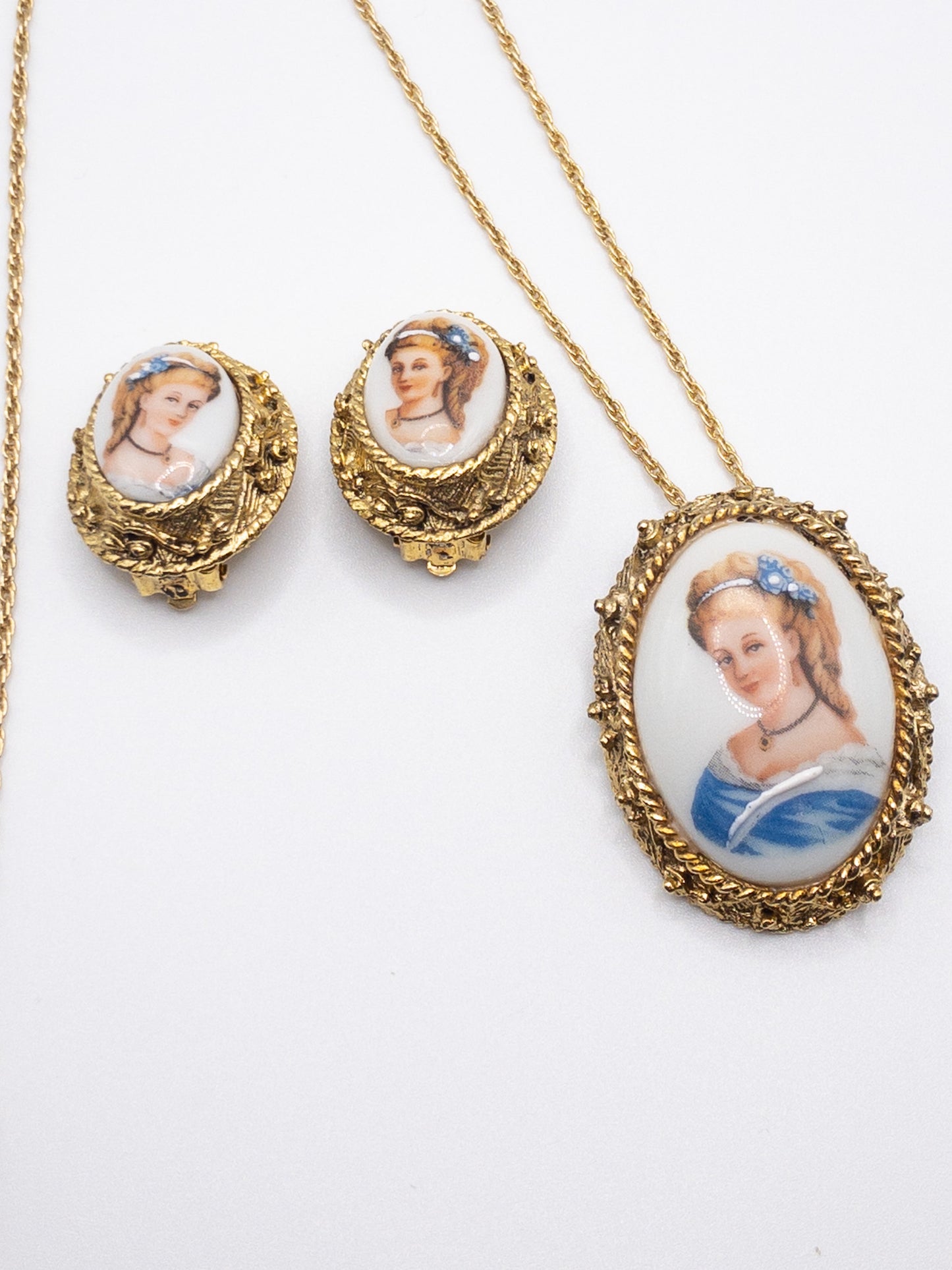 Vintage Limoges ladies portrait necklace and earring set