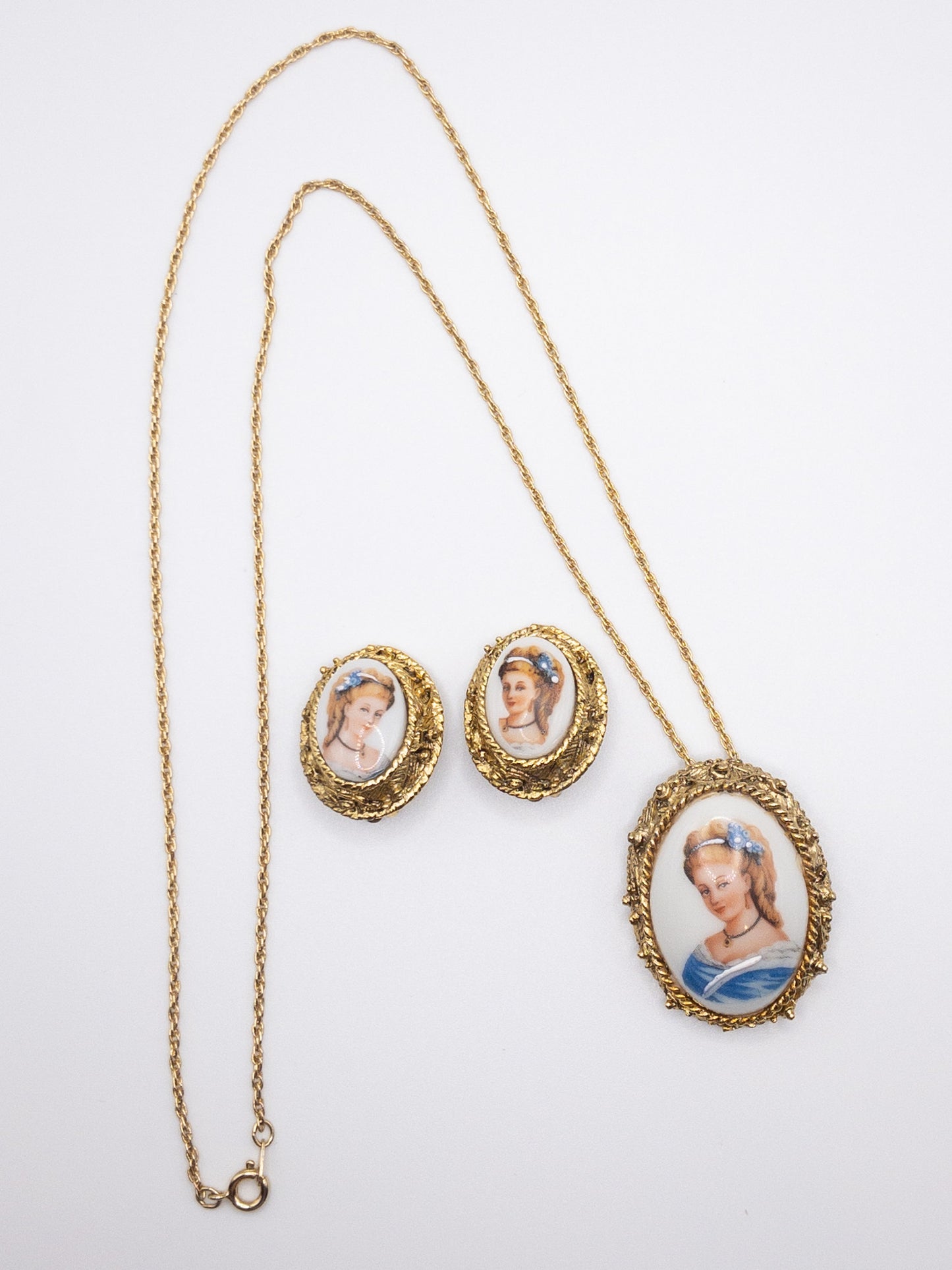 Vintage Limoges ladies portrait necklace and earring set